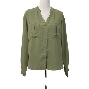 Cider Womens Button Up Long Sleeve Top Sz Small Green Pockets Careerwear NEW